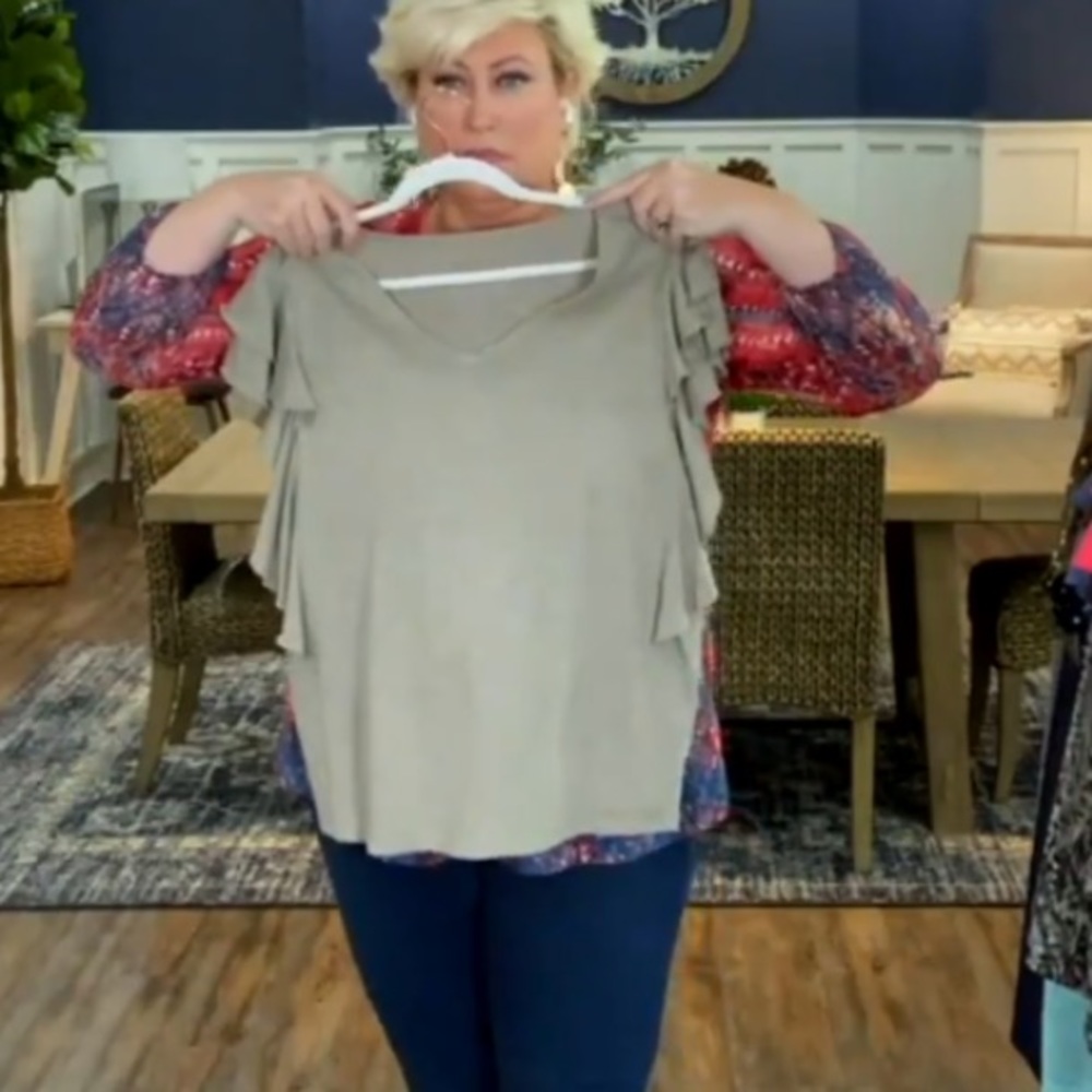 Belle by Kim Gravel Slub Knit Double Ruffle V-Neck Top. Light Olive 1X
